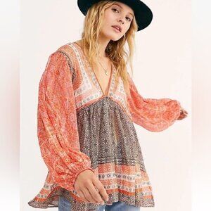 Free People Aliyah Orange Balloon Sleeve Flowing Sheer Blouse Top